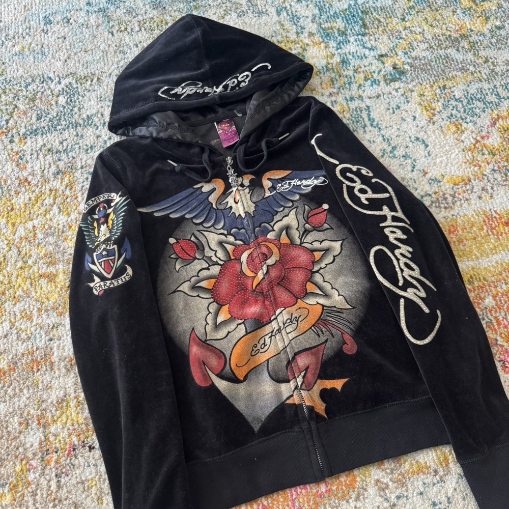Vintage Y2K 2000s Ed Hardy Rhinestone Velour Zip-Up Hoodie - Size M